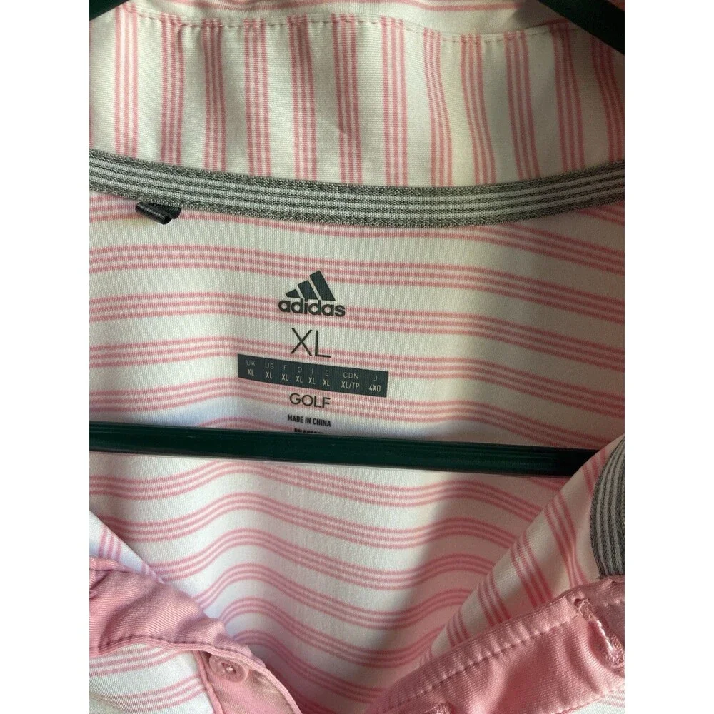 Adidas Two Color Striped Golf Polo Shirt Mens XL Pink White Logo